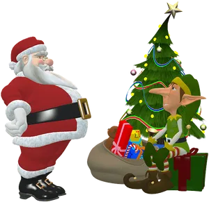 Santa_and_ Elf_with_ Christmas_ Tree_and_ Gifts.png PNG image