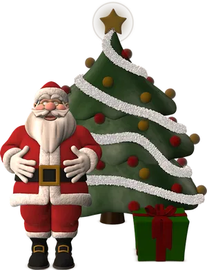 Santa Clausand Christmas Treewith Gift PNG