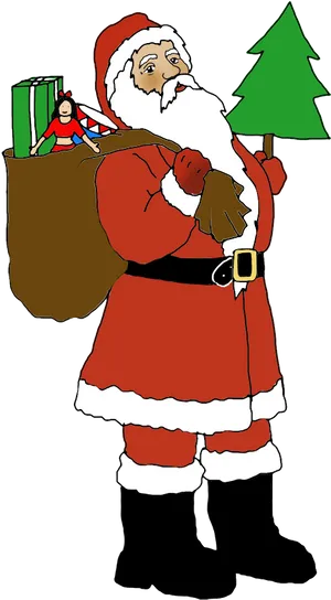 Santa Clauswith Gift Bagand Christmas Tree Clip Art PNG image