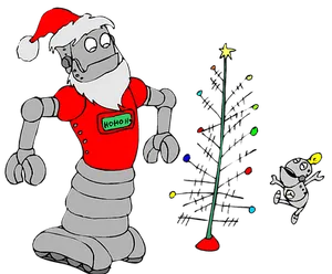 Santa Robot Decorating Christmas Tree PNG image