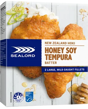 Sealord Honey Soy Tempura Battered Fish Packaging PNG image