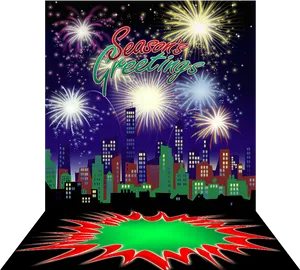 Seasons Greetings Fireworks Cityscape PNG image