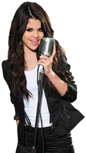 Selena Gomez Singingwith Microphone PNG image