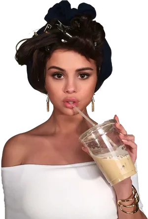 Selena Gomez Sipping Drink Casual Look PNG image