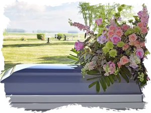 Serene Funeral Casketand Floral Tribute PNG image