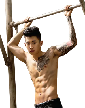 Shirtless Man Hanging From Bar PNG image