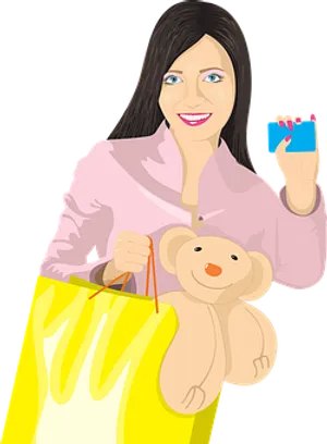 Shopping Girl With Teddy Bear And Card Illustration