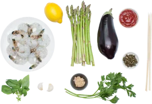 Shrimpand Vegetables Ingredients Flatlay