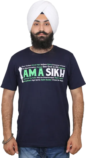 Sikh Man Wearing White Turbanand Statement Tshirt PNG image