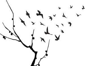 Silhouetted Birds Flying From Tree Branch PNG image
