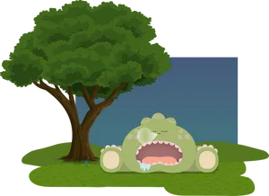 Sleeping Cartoon Dinosaur Under Tree PNG image