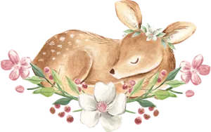 Sleeping Fawn Floral Wreath Illustration PNG image