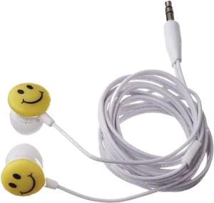Smiley Face Earbuds White Cord PNG