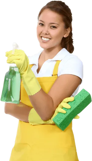 Smiling Cleaner With Spray Bottle And Sponge PNG image