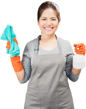 Smiling Cleaner With Spray Bottleand Cloth PNG image