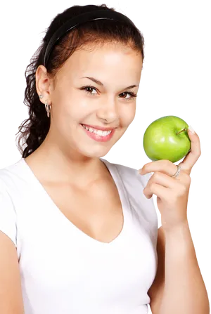 Smiling Girl Holding Green Apple PNG
