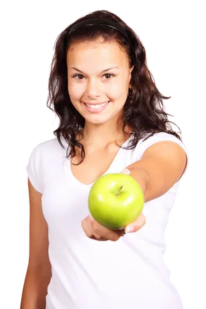Smiling Girl Holding Green Apple PNG