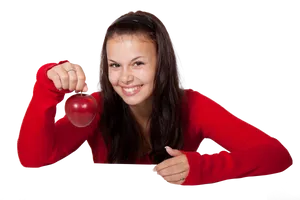 Smiling Girl Holding Red Apple PNG