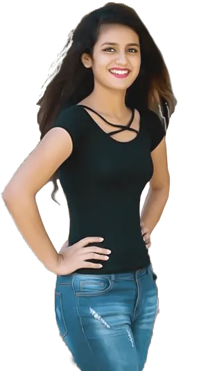 Smiling Girlin Black Topand Jeans PNG image