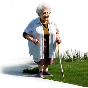Smiling Grandmother Walking With Cane PNG image