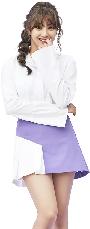 Smiling Kpop Idolin Whiteand Purple Outfit PNG image