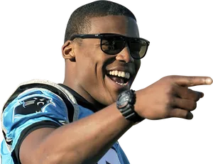 Smiling Man Pointing Sunglasses Football Jersey PNG image