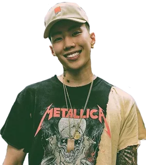 Smiling Manin Metallica Shirt PNG image