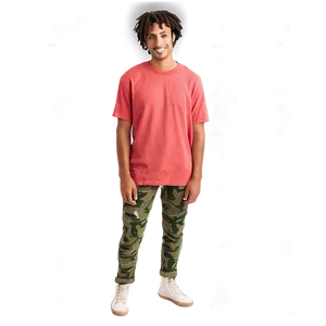 Smiling Manin Red Shirtand Camouflage Pants PNG