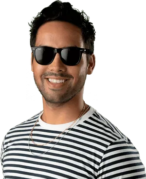 Smiling Manin Sunglassesand Striped Shirt PNG