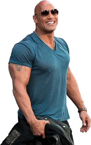 Smiling Muscular Manin Blue Shirt PNG image