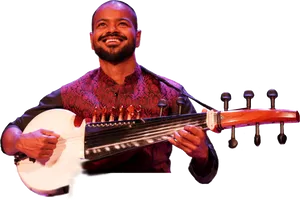 Smiling Musician Playing Sarod PNG image