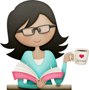 Smiling Teacher Reading Book With Coffee Cup PNG image