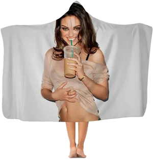 Smiling Woman Holding Coffee Cup PNG image