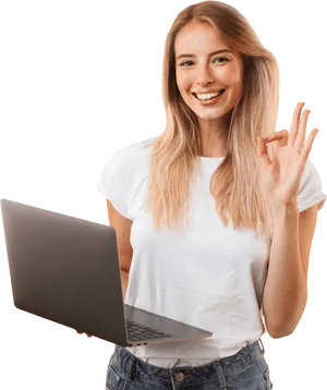 Smiling Woman Holding Laptop O K Sign PNG image