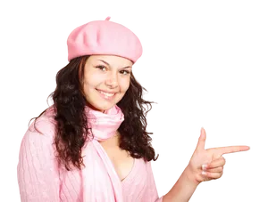 Smiling Woman Pink Beret Pointing