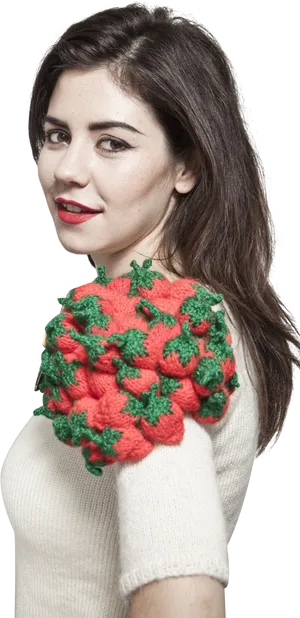 Smiling Woman Red Lipstick Crochet Top PNG image