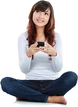 Smiling Woman Sitting With Phone PNG image