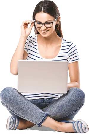 Smiling Woman Using Laptop Crosslegged PNG image