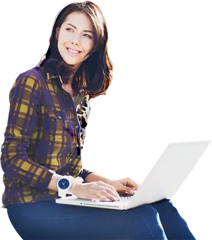 Smiling Woman Using Laptop PNG