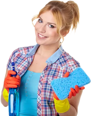 Smiling Woman With Cleaning Supplies PNG image