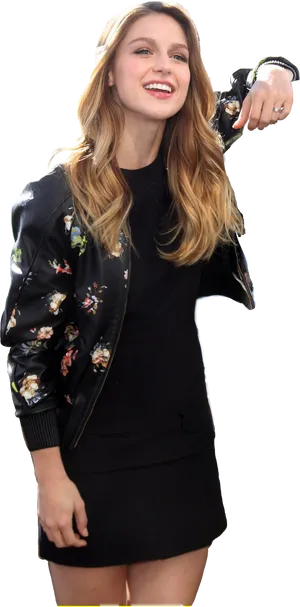 Smiling Womanin Floral Jacket PNG image