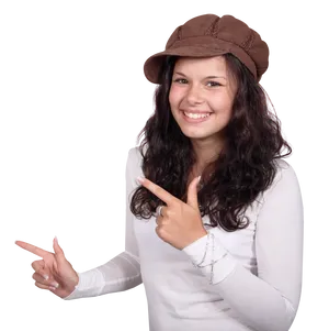 Smiling Womanin Hat Pointing PNG image