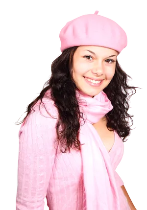 Smiling Womanin Pink Beretand Scarf PNG image