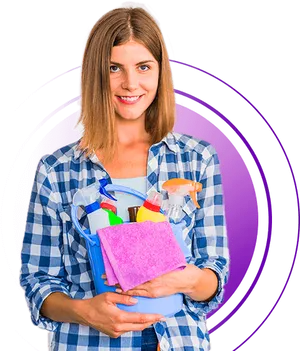 Smiling Womanwith Cleaning Supplies PNG image