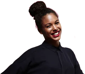 Smiling Womanwith Top Bun Hairstyle PNG image