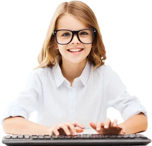 Smiling Young Girl With Glasses Using Keyboard PNG image