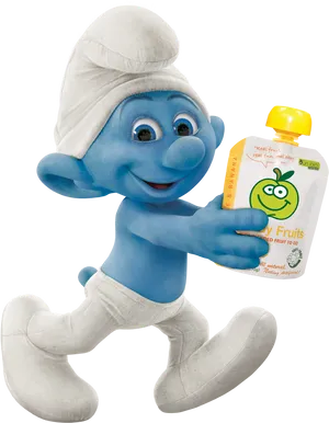 Smurf Holding Fruit Pouch PNG image