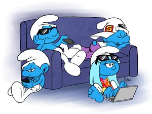 Smurfs Relaxingon Couch PNG image