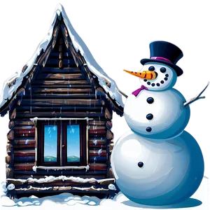 Snowman And Winter Cabin Png Qds PNG image