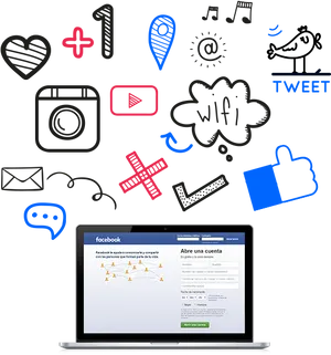 Social Media Iconsand Laptop PNG image